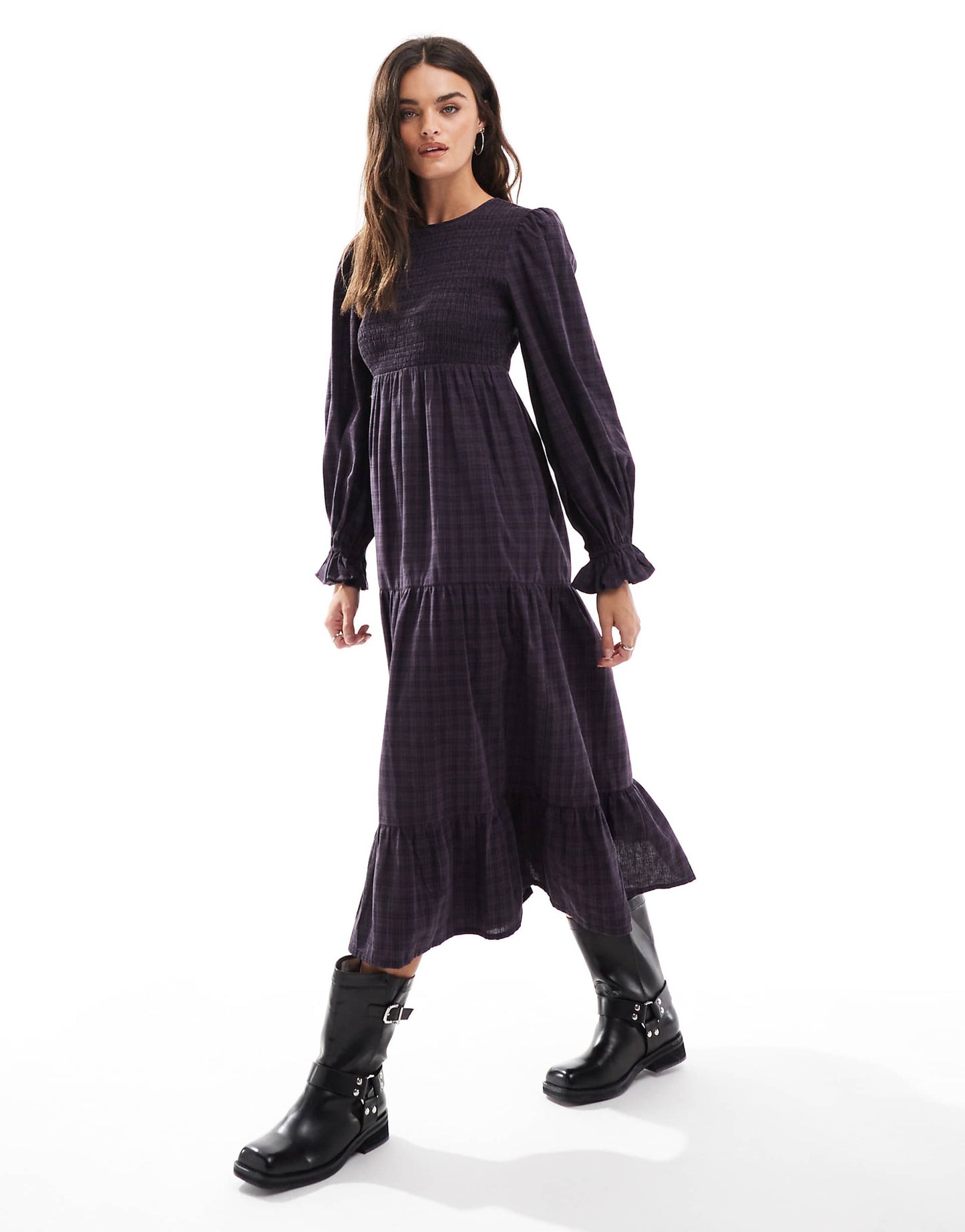 Check Print Shirred Midaxi Dress