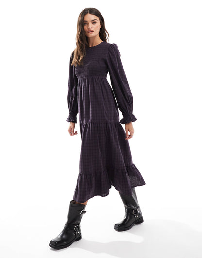 Check Print Shirred Midaxi Dress
