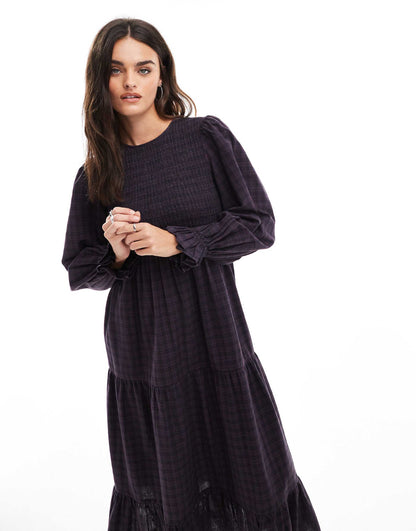 Check Print Shirred Midaxi Dress