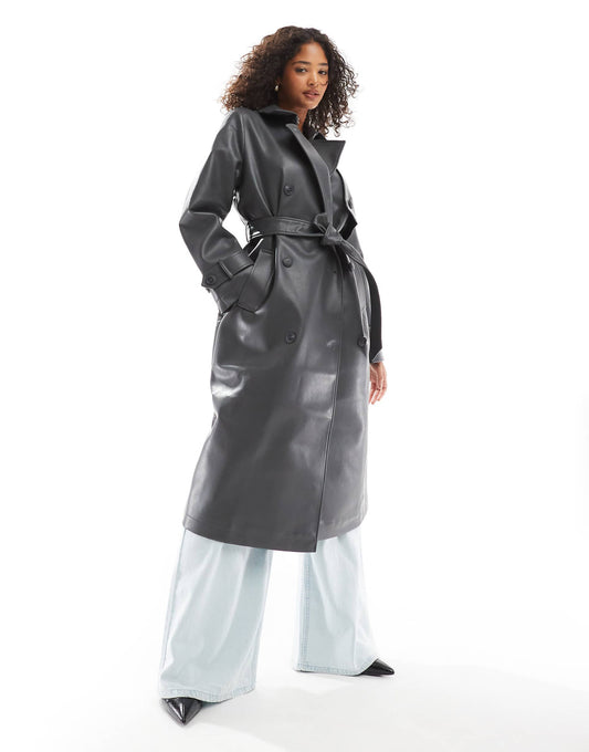 Longline Faux Leather Trench Coat