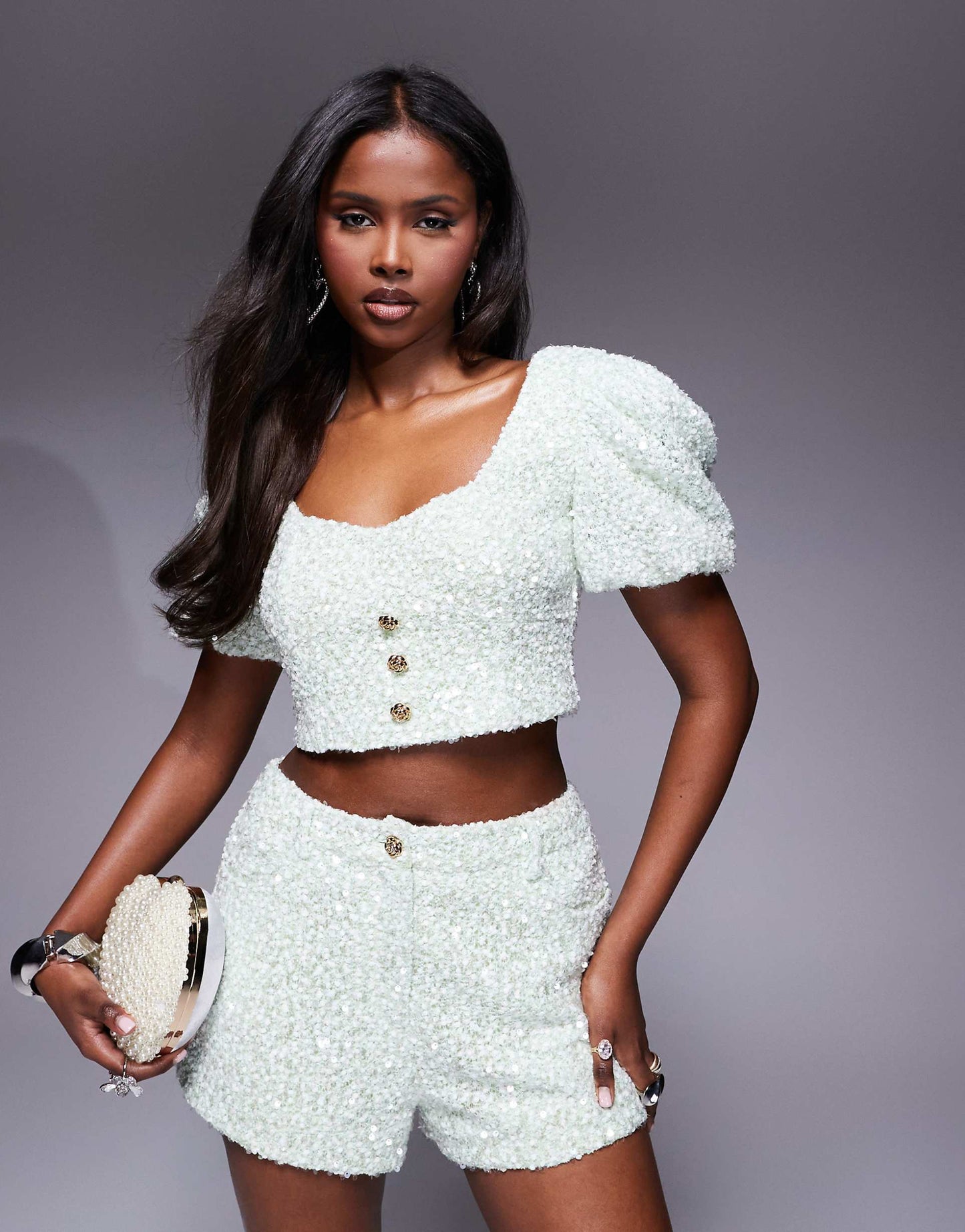 Co-Ord Embellished Texture Puff Sleeve Top