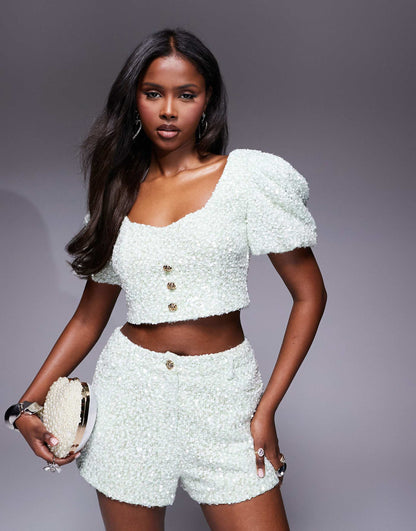 Co-Ord Embellished Texture Puff Sleeve Top