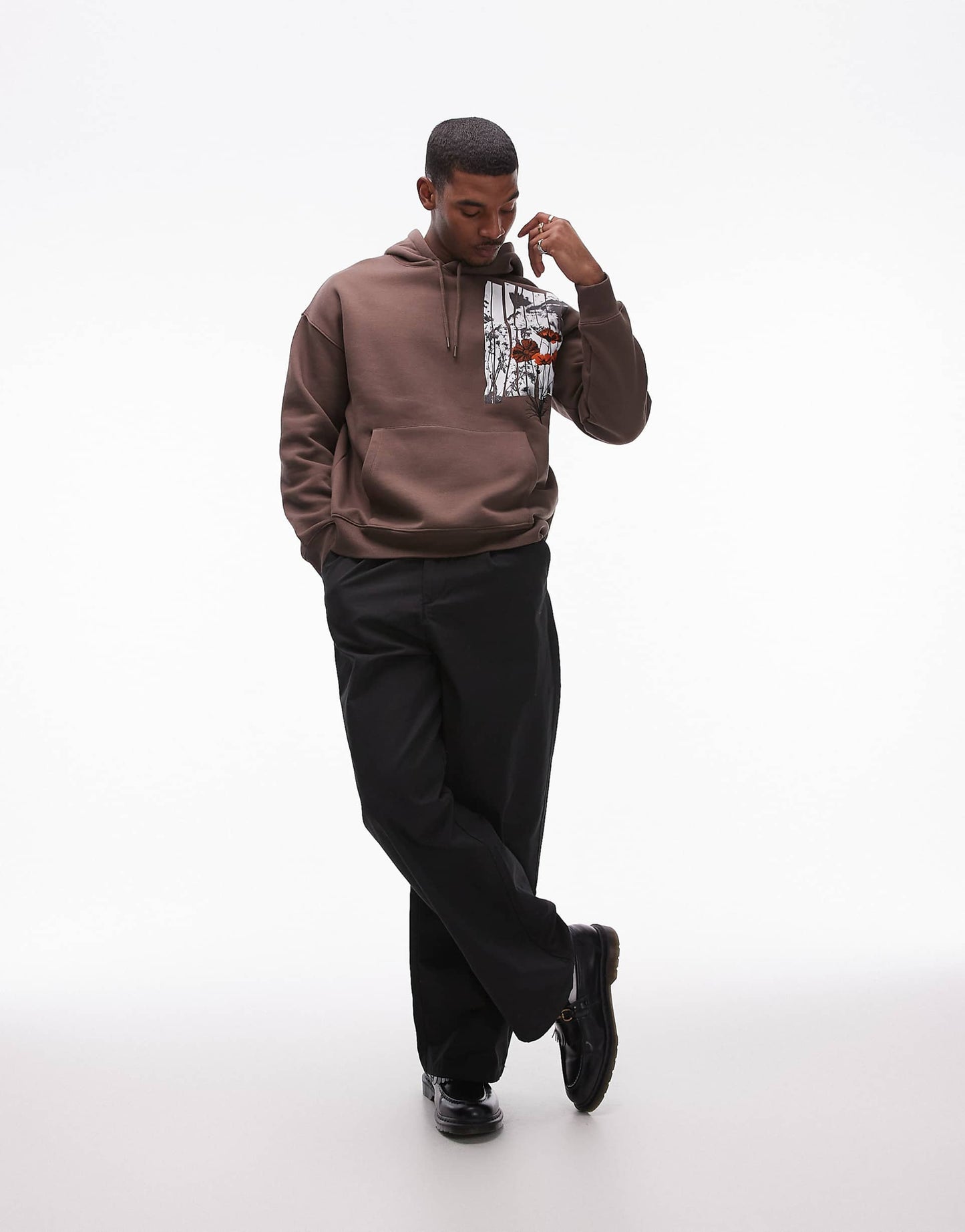 Oversized Fit Hoodie With Floral Patch Print And Embroidery