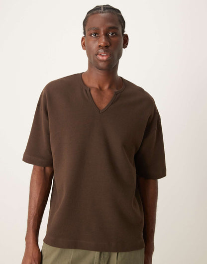 Oversized Boxy Waffle T-Shirt With Notch Neck