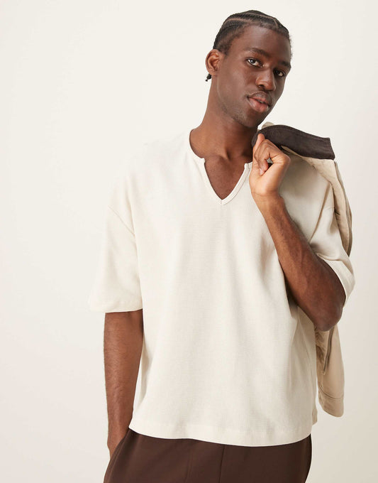 Oversized Boxy Waffle T-Shirt With Notch Neck