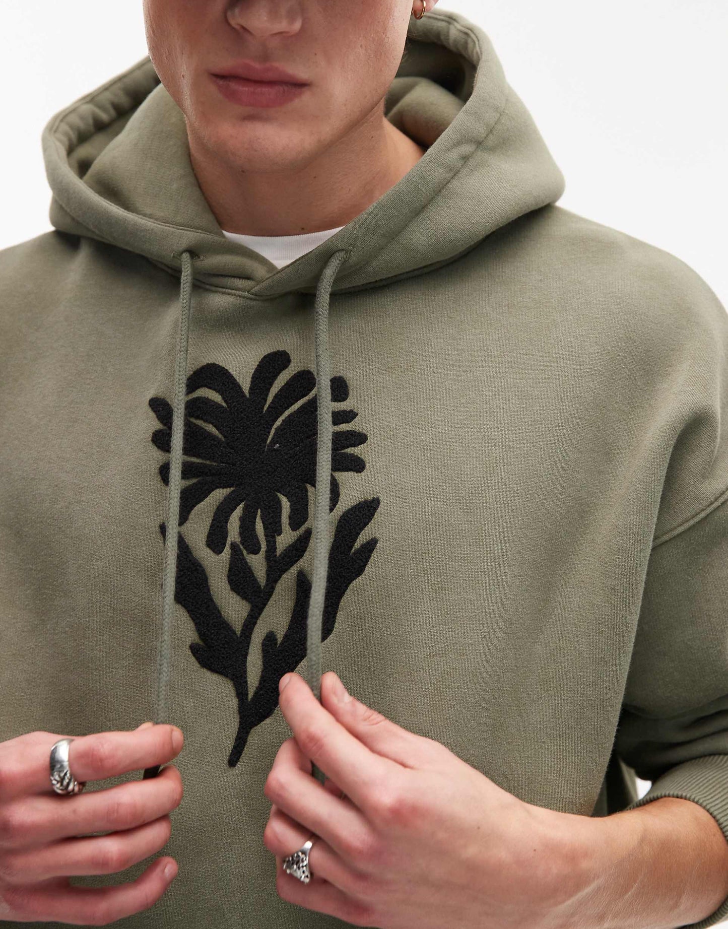 Oversized Fit Hoodie With Front And Back Floral Block Chenille Embroidery