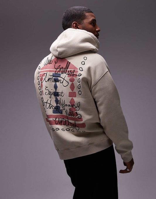 Oversized Fit Hoodie With Front And Back Block Column Print And Embroidery