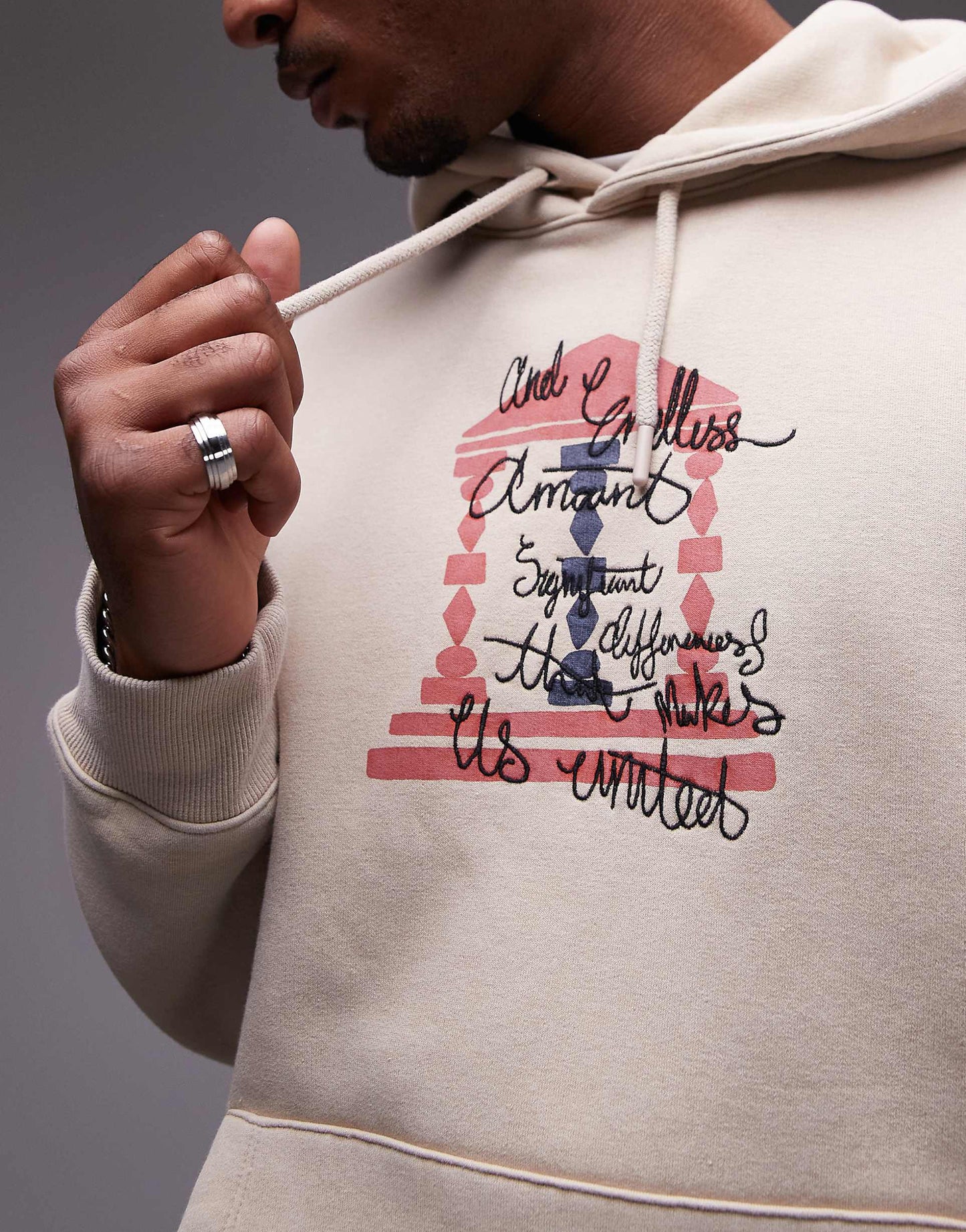 Oversized Fit Hoodie With Front And Back Block Column Print And Embroidery
