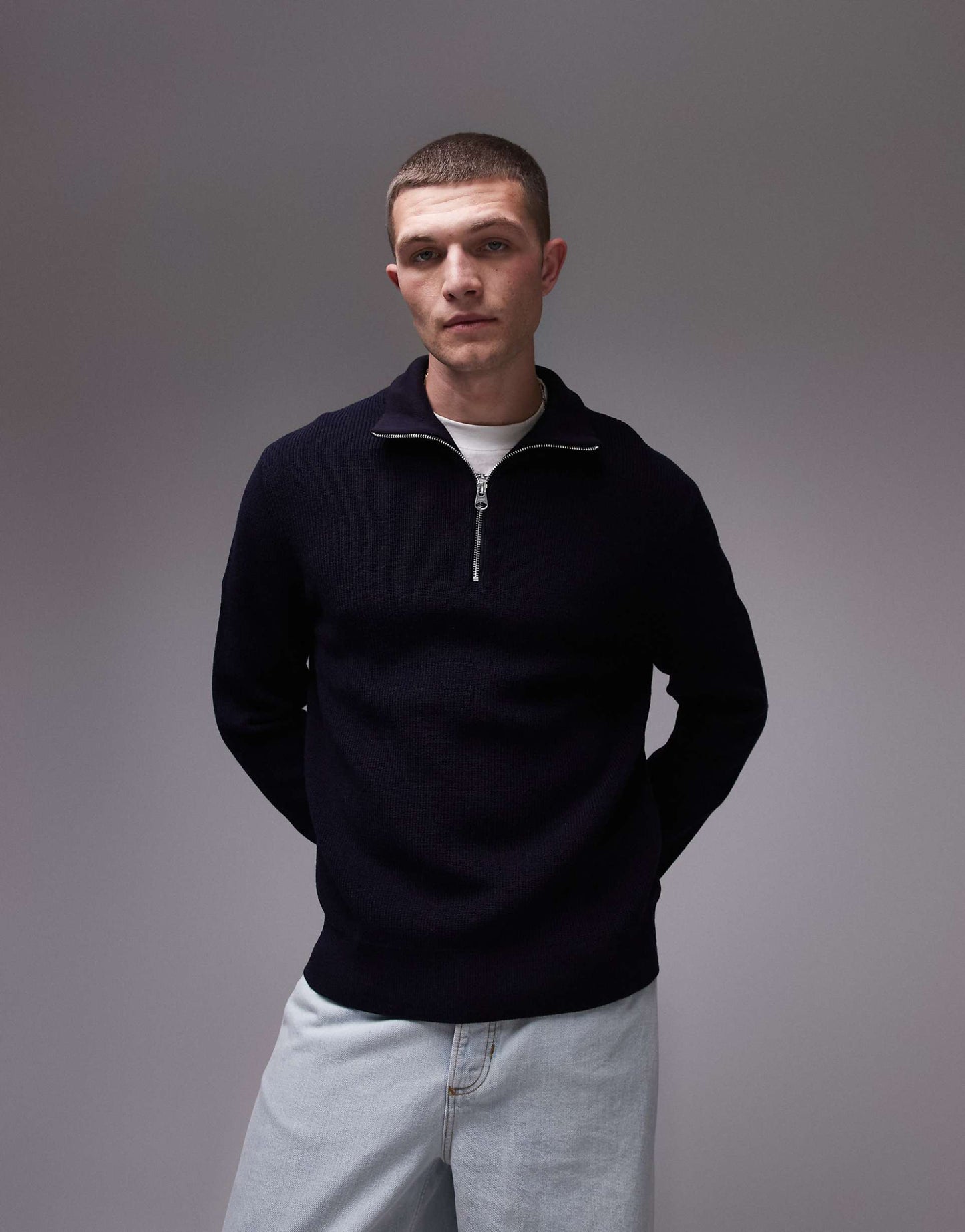 Wool Blend Chunky Rib Jumper With Half Zip Funnel Neck