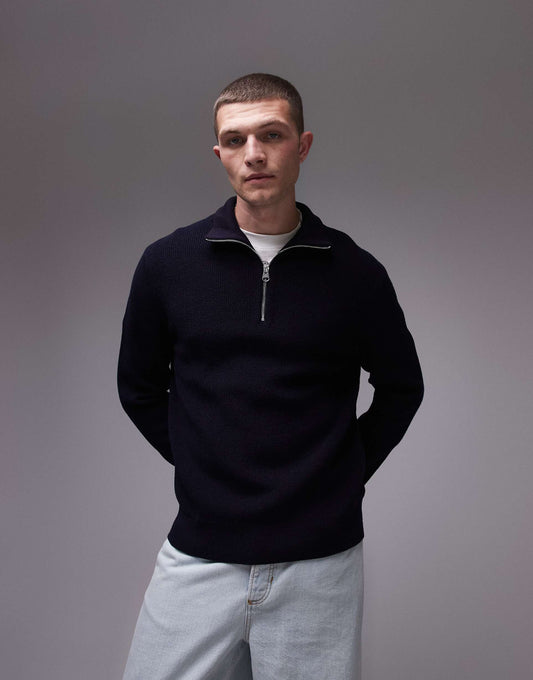 Wool Blend Chunky Rib Jumper With Half Zip Funnel Neck