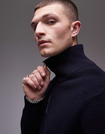 Wool Blend Chunky Rib Jumper With Half Zip Funnel Neck