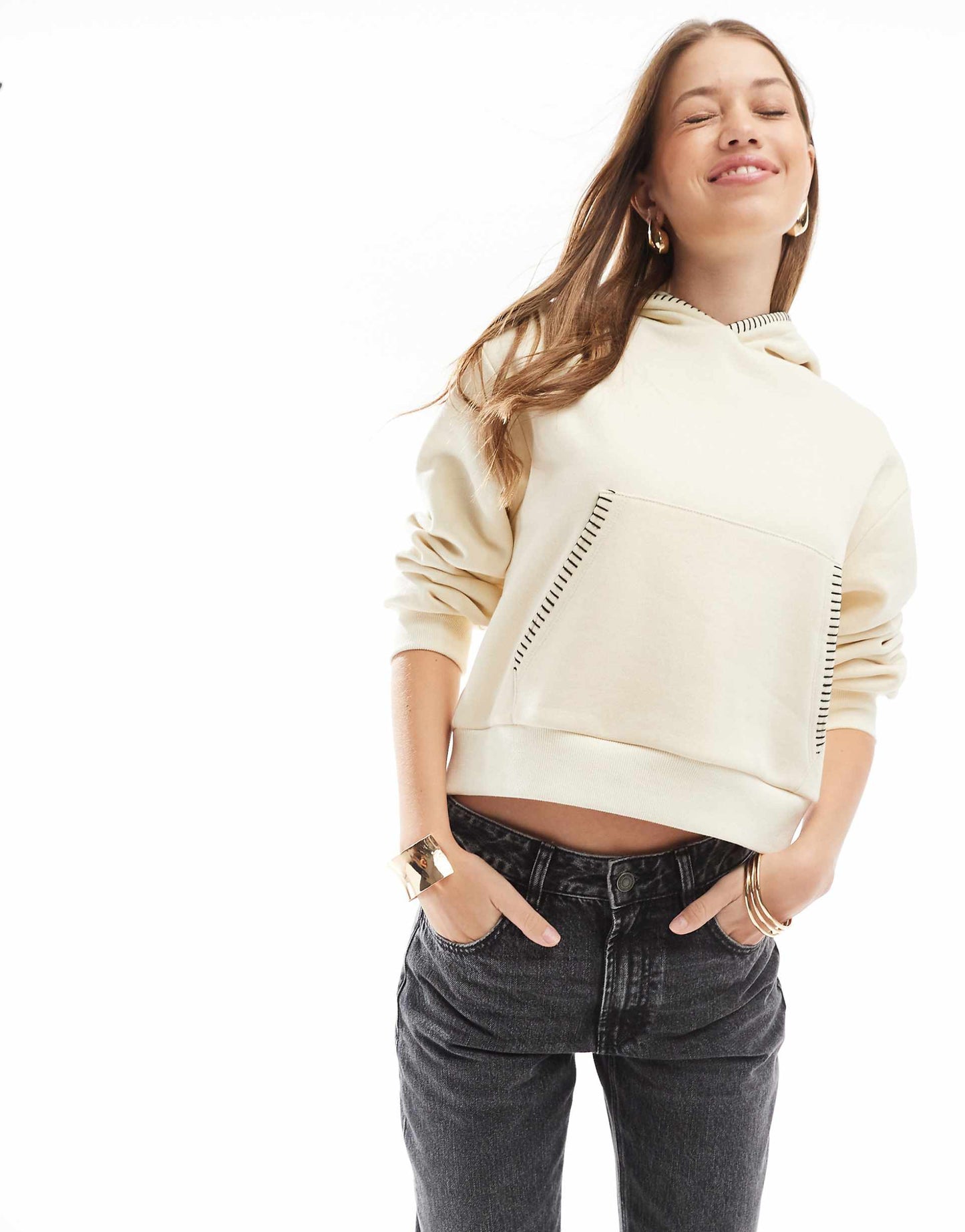 Oversized Pull Over Hoodie With Blanket Stitch