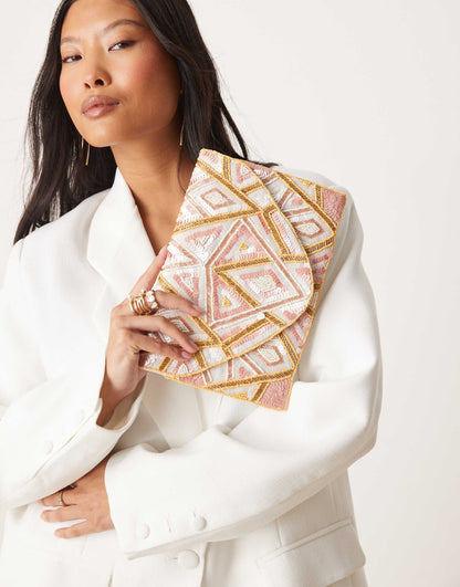 Patterned Sequin Envelope Clutch Bag