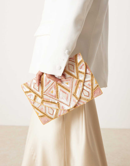Patterned Sequin Envelope Clutch Bag