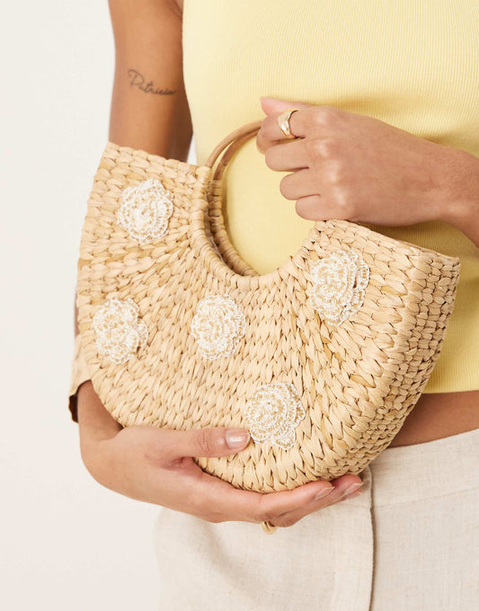 Straw Top Handle Bag With Flower Embellishment