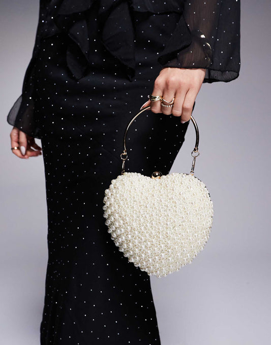 Pearl Embellished Heart Clutch Bag