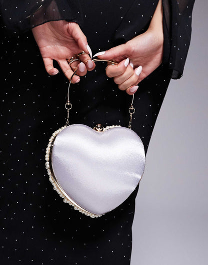 Pearl Embellished Heart Clutch Bag