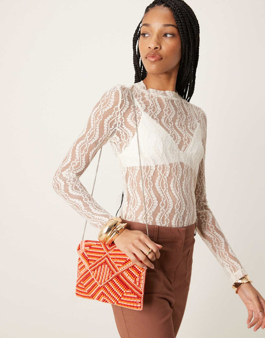 Patterned Beaded Envelope Clutch Bag