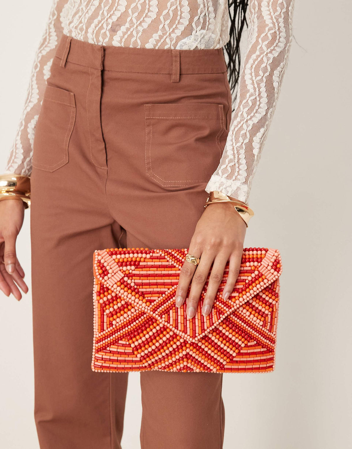 Patterned Beaded Envelope Clutch Bag