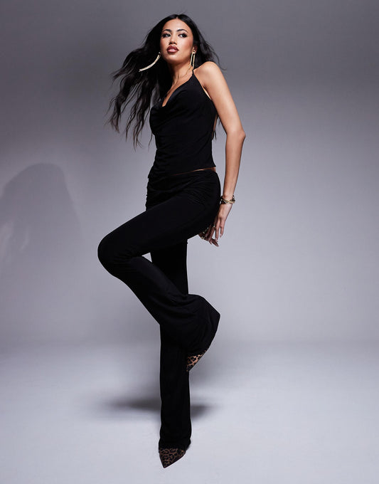 Double Layered Slinky Twist V Front Flared Trousers Co-Ord
