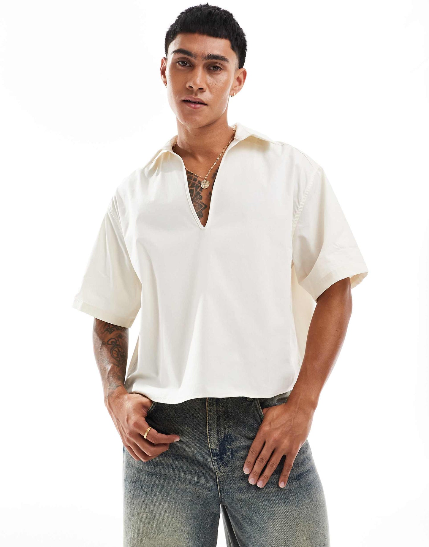 Oversized Cropped Shirt With Revere Neck