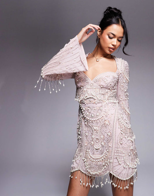 Flared Sleeve Embellished Mini Dress With Scalloped Edge