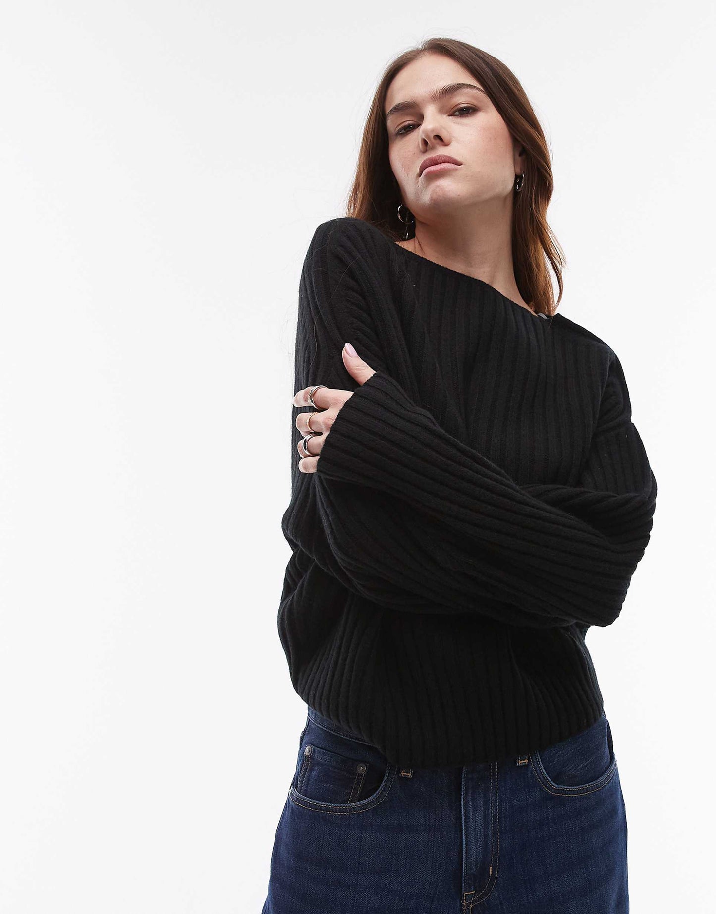 Wool Knitted Sweater With Asymmetric Off-Shoulder