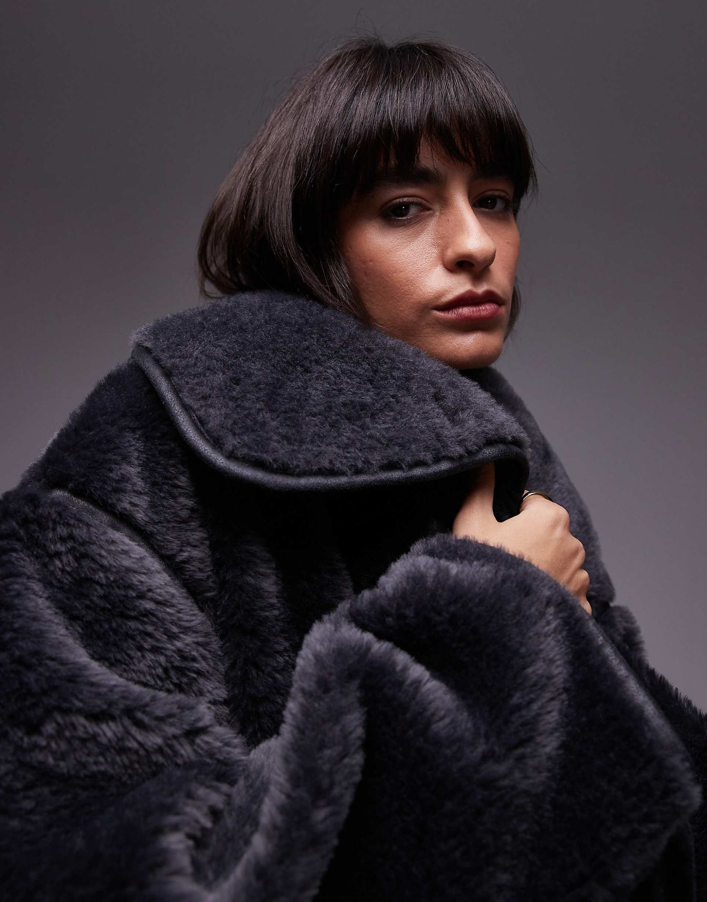 Oversized Faux Shearling Jacket With Funnel Neck And Contrast Edging