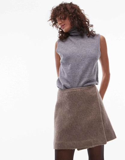 Wool Blend Hairy Texture Mini Skirt With Front Button Wrap Detail