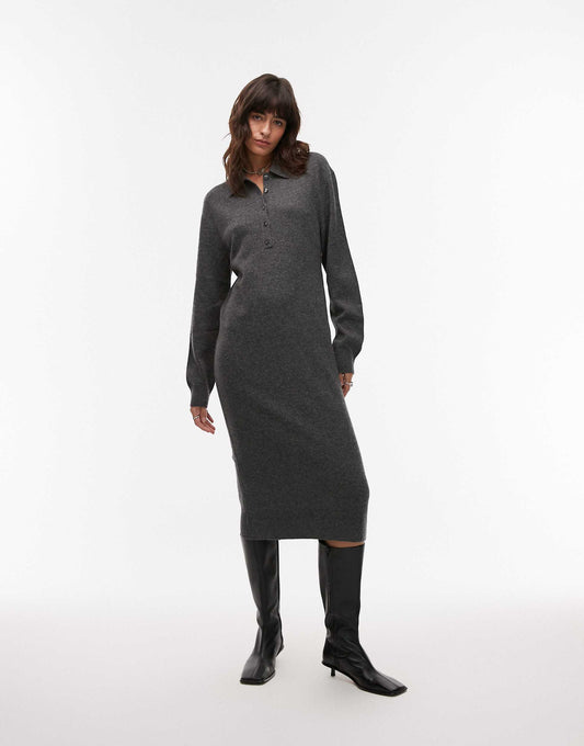 Wool Knitted Midaxi Dress With Deep Placket Polo Collar