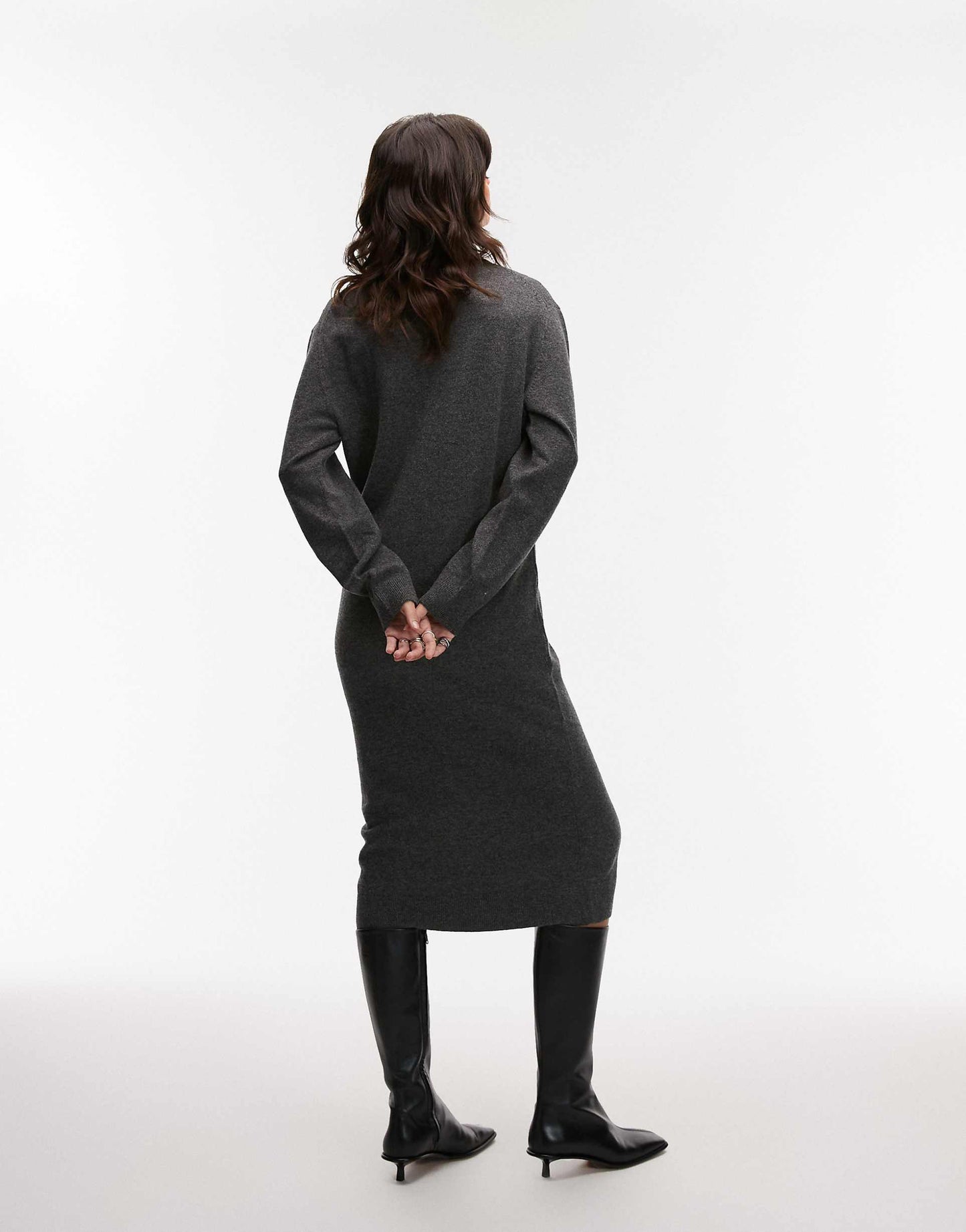 Wool Knitted Midaxi Dress With Deep Placket Polo Collar