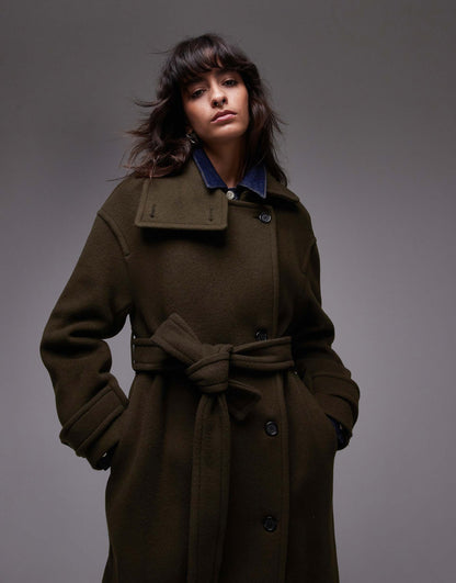 Wool Maxi Belted Trench Coat With Side Splits