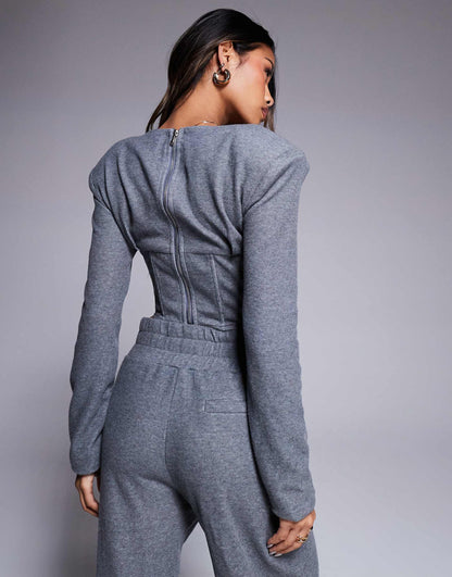 Constance Padded Shoulder Long Sleeve Corset Top Co-Ord