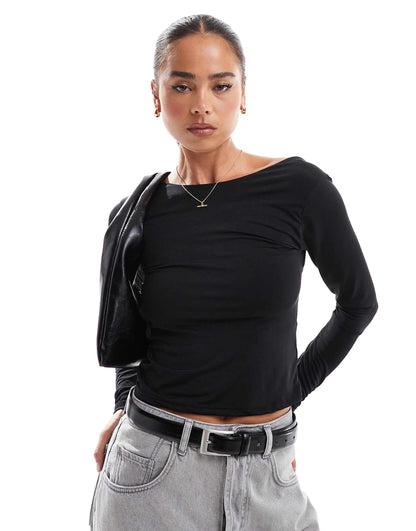 Slash Neck Open Back Long Sleeve Top