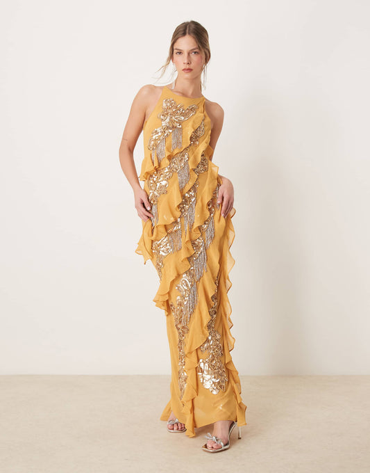 Racer Neck Embellished Ruffle Maxi Dress