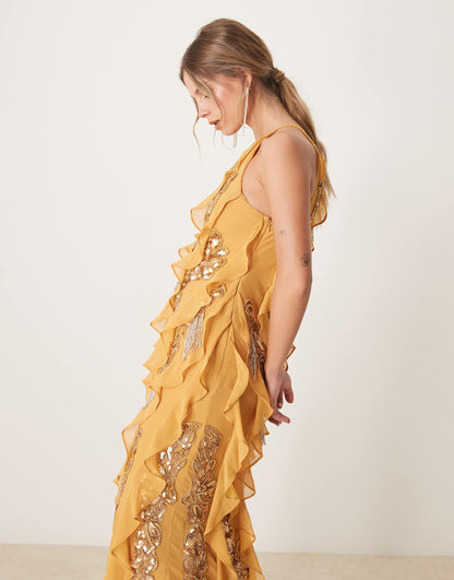 Racer Neck Embellished Ruffle Maxi Dress