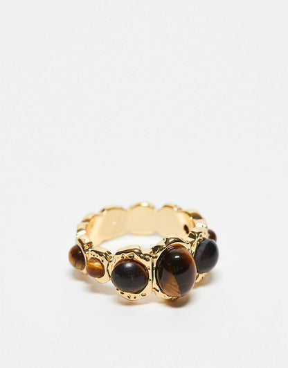 Limited Edition 14K Gold Plated Ring With Real Tigers Eye Semi Precious Stone Design