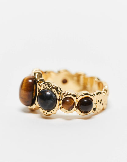 Limited Edition 14K Gold Plated Ring With Real Tigers Eye Semi Precious Stone Design