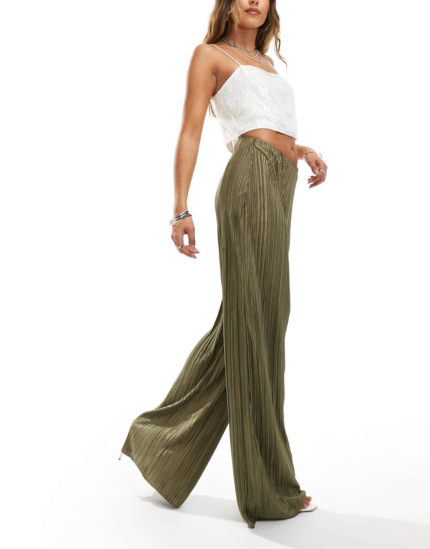 High Waisted Plisse Straight Leg Trousers