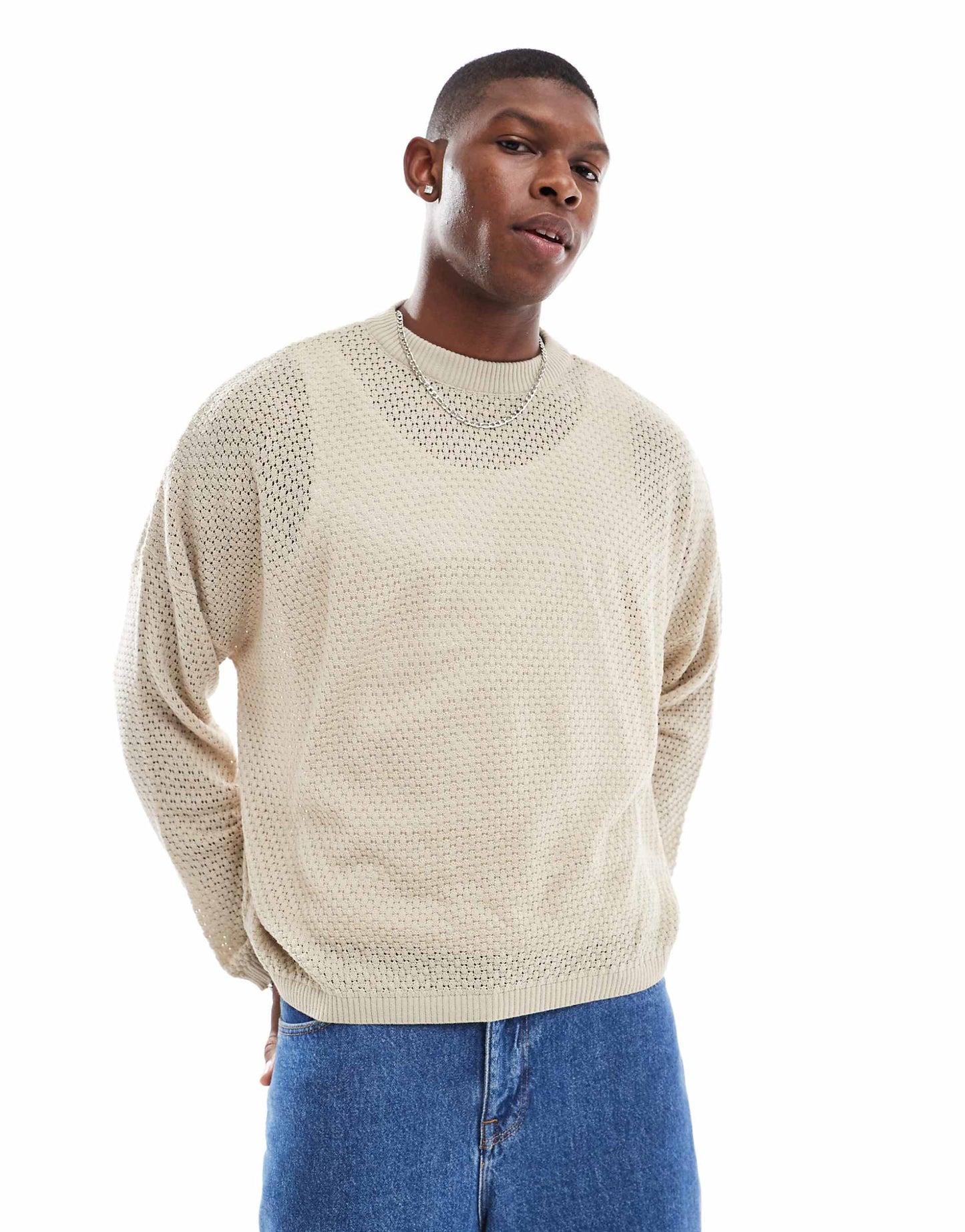 Oversized Cropped Knitted Jumper With Stitch Detail