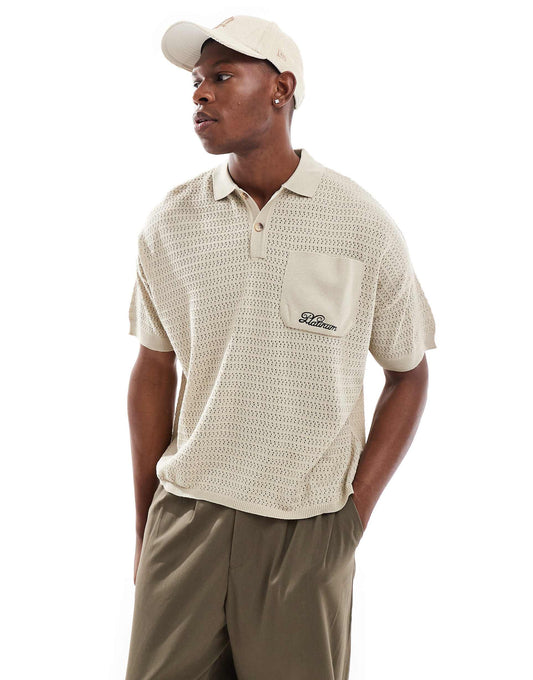 Oversized Knitted Boxy Polo Shirt With Embroidery