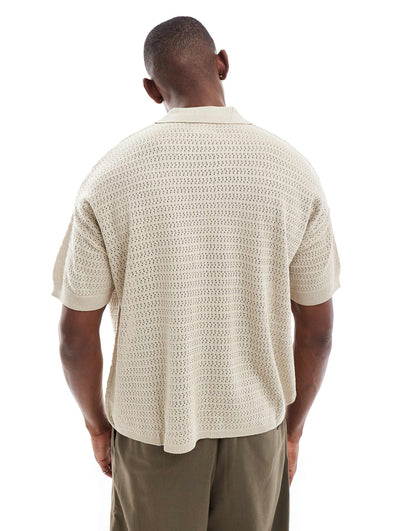 Oversized Knitted Boxy Polo Shirt With Embroidery