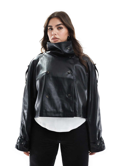 Curve Funnel Neck Leather Look Short Trench Coat