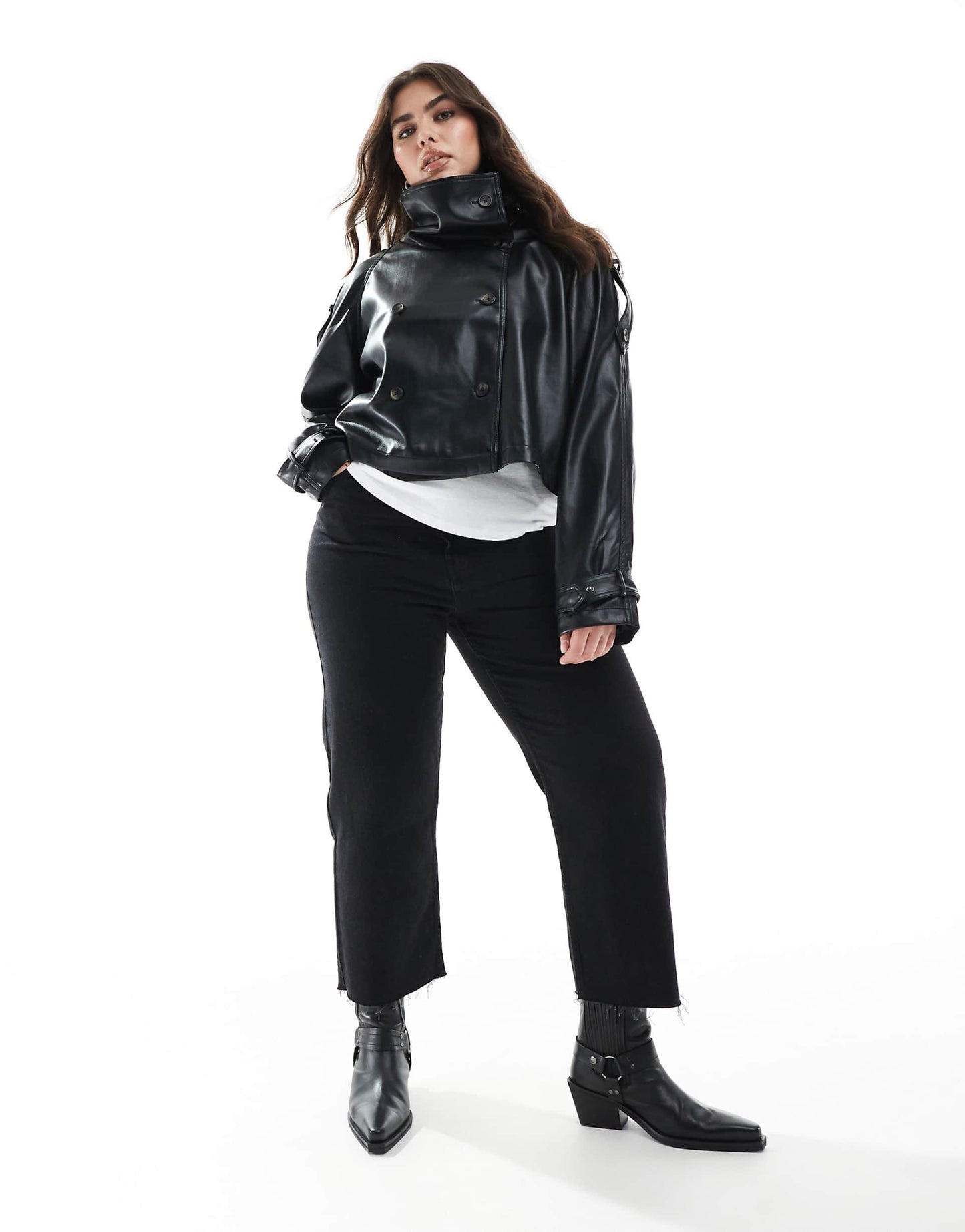 Curve Funnel Neck Leather Look Short Trench Coat