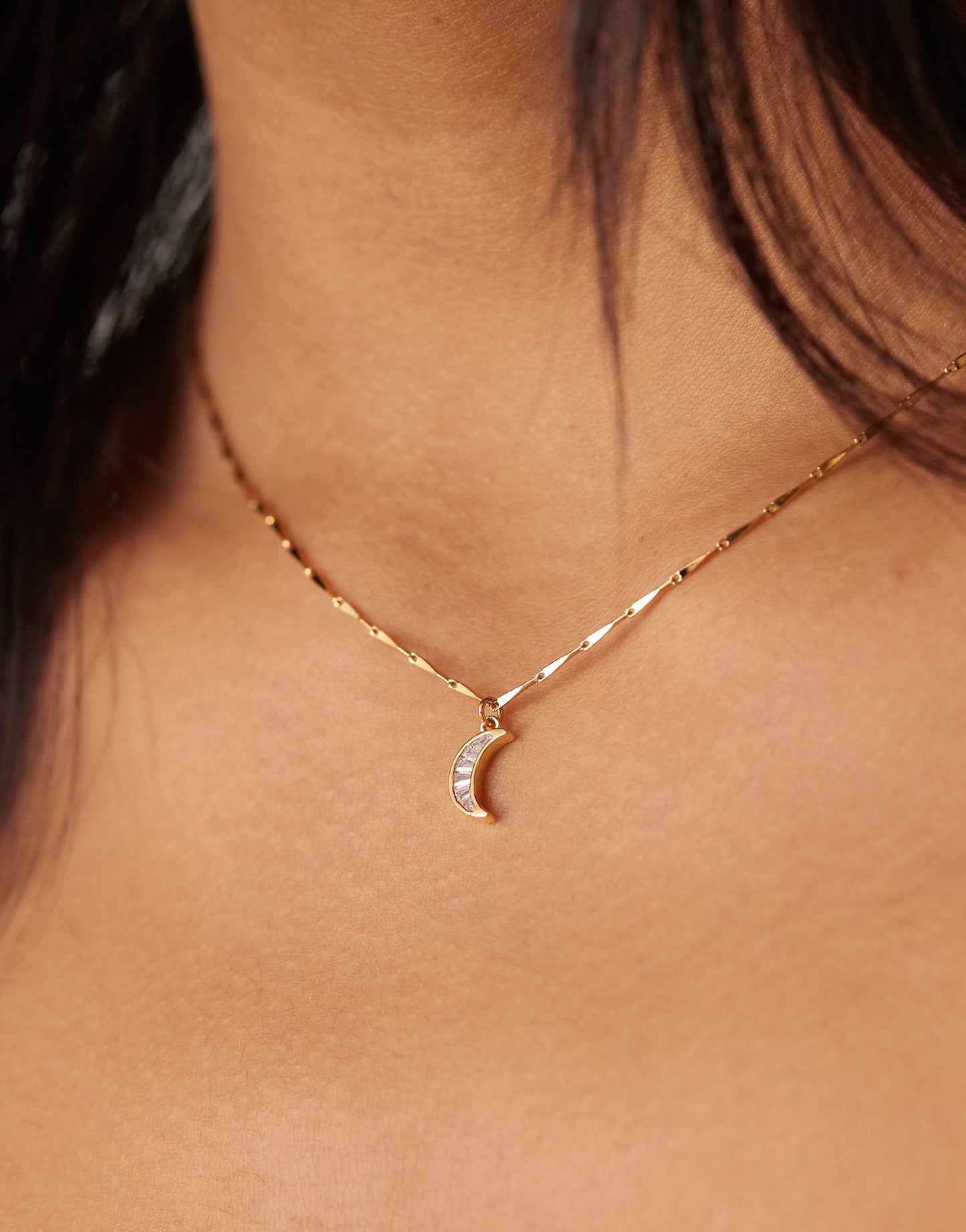 Crystal Baguette Moon Charm Necklace