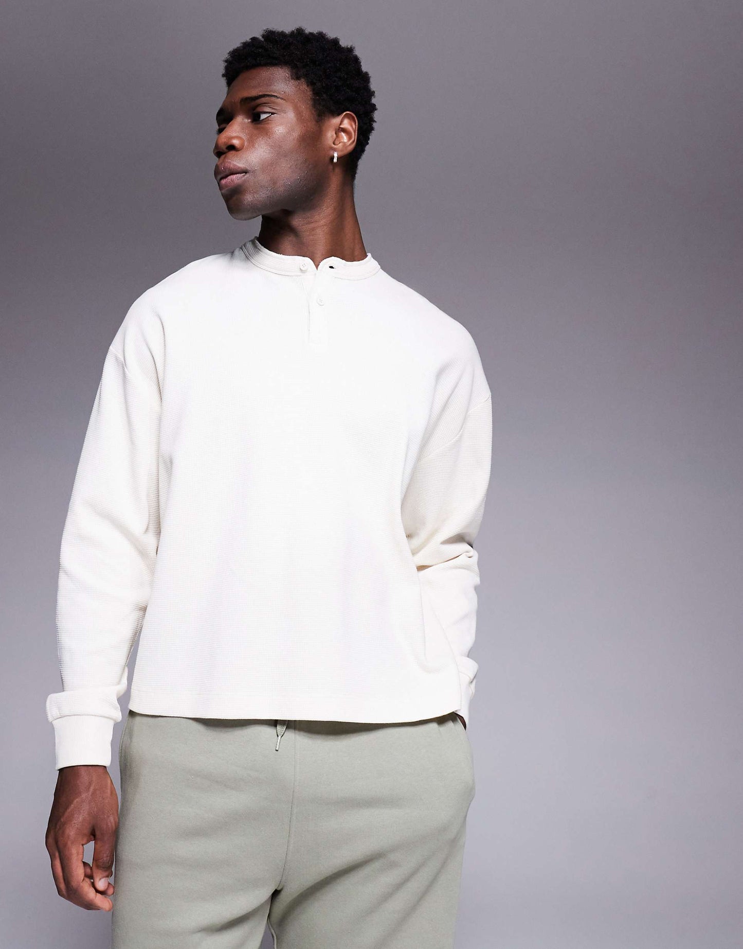 Oversized Boxy Waffle Long Sleeve T-Shirt With Henley Neck