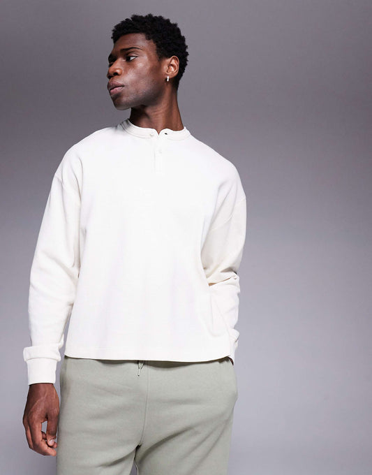 Oversized Boxy Waffle Long Sleeve T-Shirt With Henley Neck