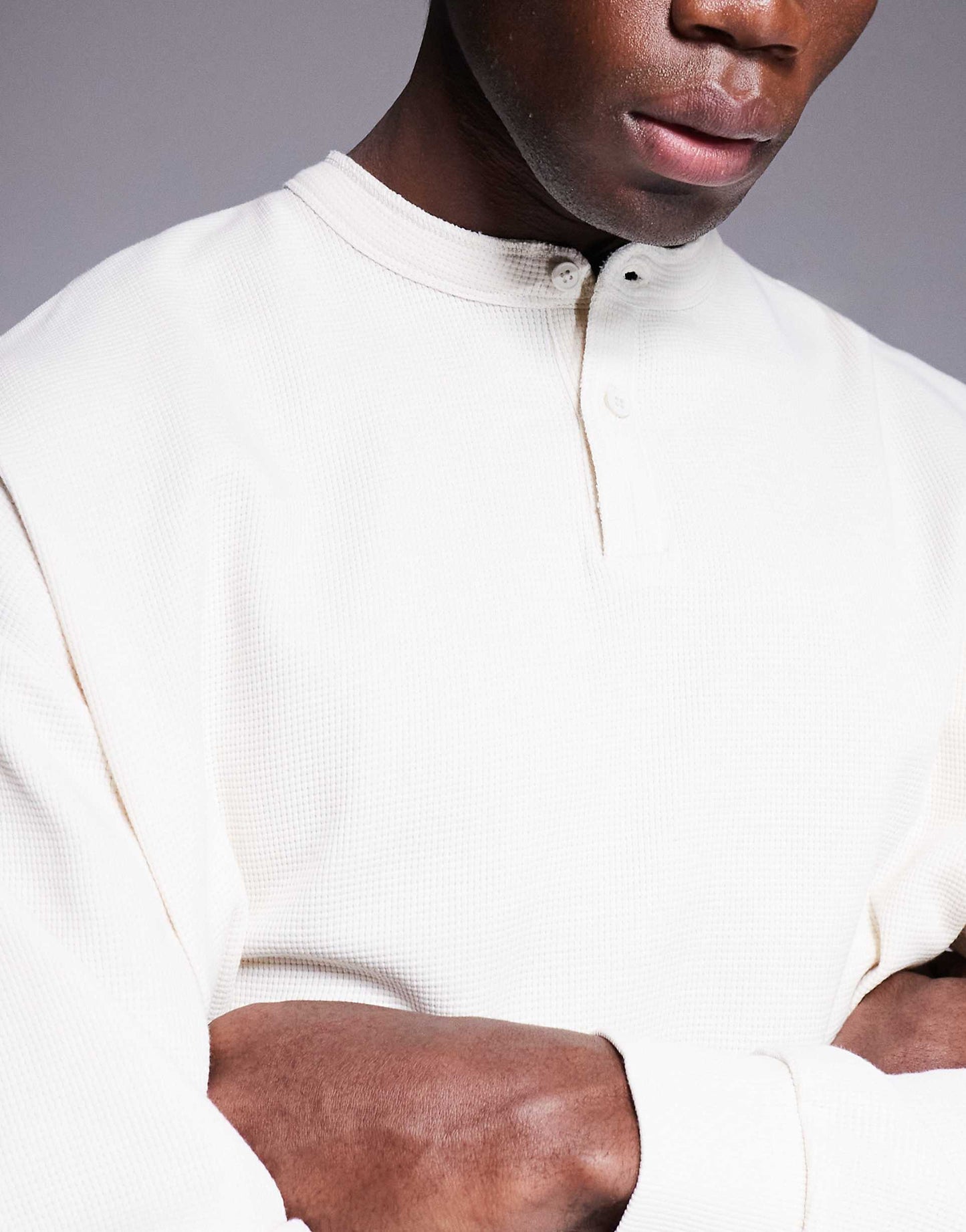 Oversized Boxy Waffle Long Sleeve T-Shirt With Henley Neck