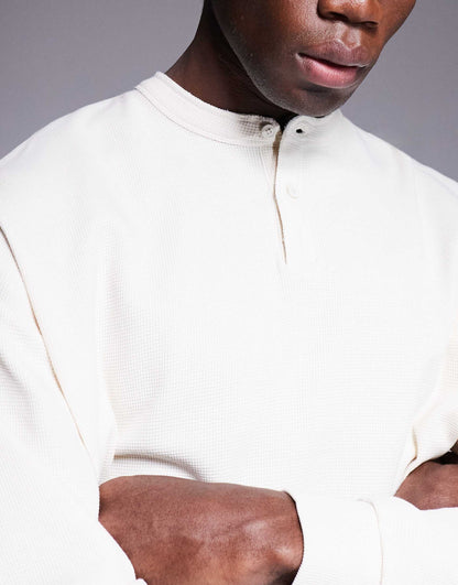 Oversized Boxy Waffle Long Sleeve T-Shirt With Henley Neck