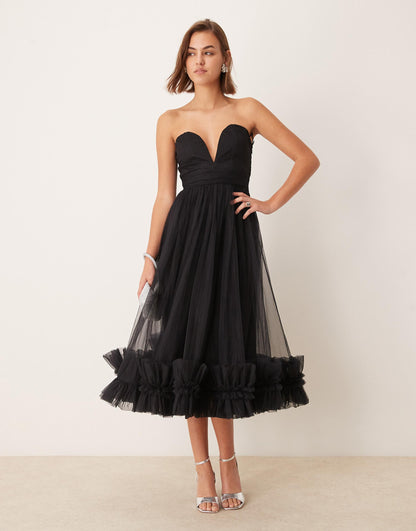 Corset Tulle Ruffle Hem Midaxi Dress